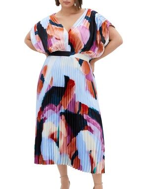 City Chic Multicolor Pleated V‑Neck Midi Dress Henley Pleated Maxi Dress